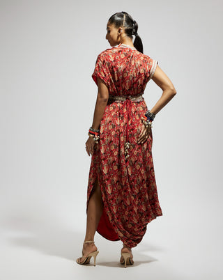 Orange jaal printed cowl dress and belt