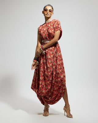 Orange jaal printed cowl dress and belt