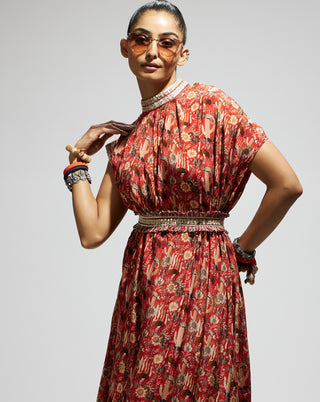 Orange jaal printed cowl dress and belt