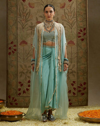 Sva By Sonam And Paras Modi Teal Blue Tassel Cape And Draped Skirt Set available on indiaspopup