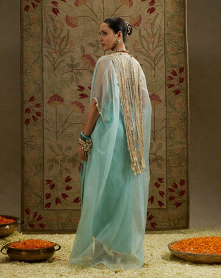 Sva By Sonam And Paras Modi Teal Blue Tassel Cape And Draped Skirt Set available on indiaspopup