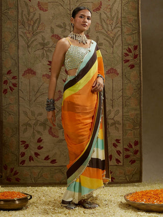 Sva By Sonam And Paras Modi Multi Orange Mask Print Cascade Sari And Bustier available on indiaspopup