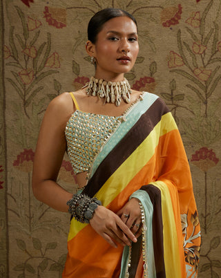 Sva By Sonam And Paras Modi Multi Orange Mask Print Cascade Sari And Bustier available on indiaspopup