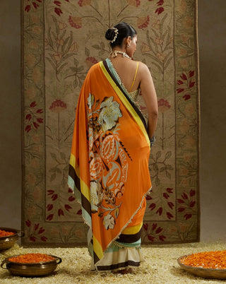 Sva By Sonam And Paras Modi Multi Orange Mask Print Cascade Sari And Bustier available on indiaspopup