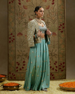 Sva By Sonam And Paras Modi Blue Metallic Cape Jacket And Pleated Pant Set available on indiaspopup