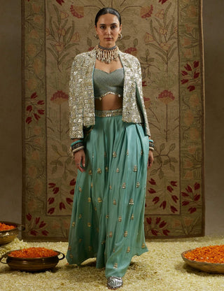 Sva By Sonam And Paras Modi Blue Metallic Cape Jacket And Pleated Pant Set available on indiaspopup