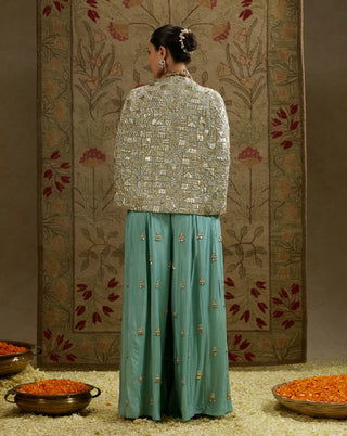 Sva By Sonam And Paras Modi Blue Metallic Cape Jacket And Pleated Pant Set available on indiaspopup