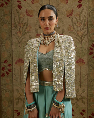 Sva By Sonam And Paras Modi Blue Metallic Cape Jacket And Pleated Pant Set available on indiaspopup