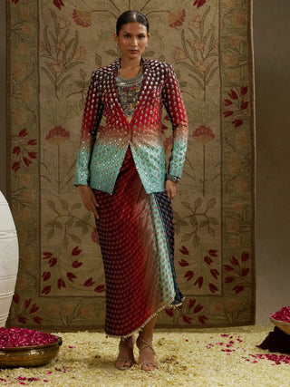 Sva By Sonam And Paras Modi Blue Red Ombre Print Embellished Blazer And Skirt available on indiaspopup