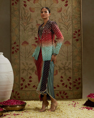 Sva By Sonam And Paras Modi Blue Red Ombre Print Embellished Blazer And Skirt available on indiaspopup