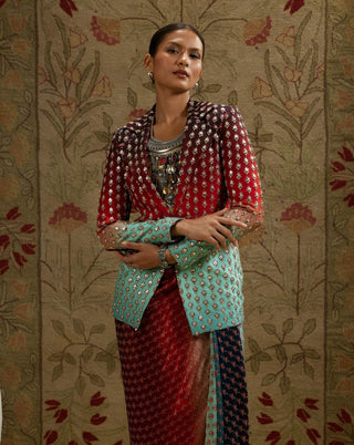 Sva By Sonam And Paras Modi Blue Red Ombre Print Embellished Blazer And Skirt available on indiaspopup