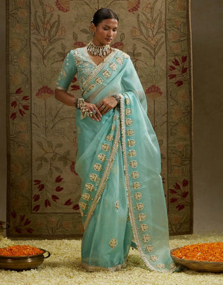 Sva By Sonam And Paras Modi Blue Teal Organza Embellished Sari And Blouse available on indiaspopup