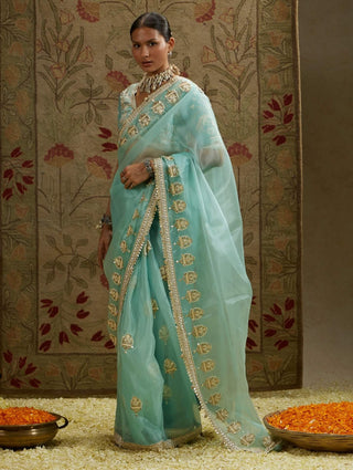 Sva By Sonam And Paras Modi Blue Teal Organza Embellished Sari And Blouse available on indiaspopup