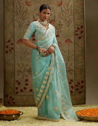 Sva By Sonam And Paras Modi Blue Teal Organza Embellished Sari And Blouse available on indiaspopup