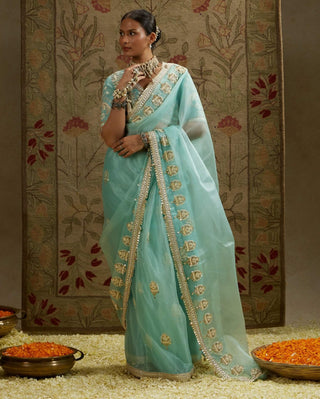 Sva By Sonam And Paras Modi Blue Teal Organza Embellished Sari And Blouse available on indiaspopup