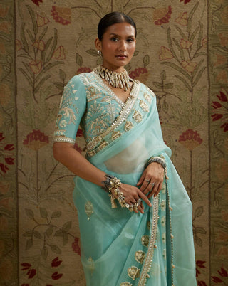 Sva By Sonam And Paras Modi Blue Teal Organza Embellished Sari And Blouse available on indiaspopup