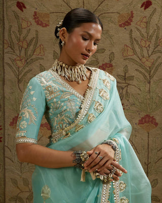 Sva By Sonam And Paras Modi Blue Teal Organza Embellished Sari And Blouse available on indiaspopup