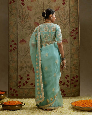 Sva By Sonam And Paras Modi Blue Teal Organza Embellished Sari And Blouse available on indiaspopup