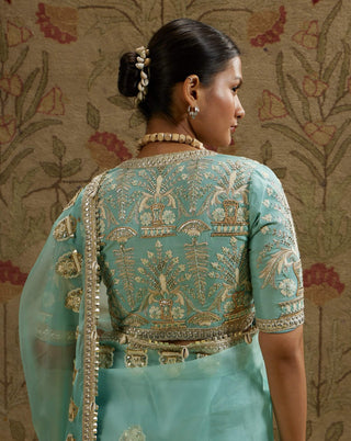 Sva By Sonam And Paras Modi Blue Teal Organza Embellished Sari And Blouse available on indiaspopup