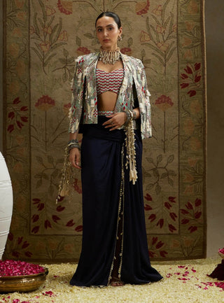 Sva By Sonam And Paras Modi Blue Abstract Embellished Cape And Skirt Set available on indiaspopup