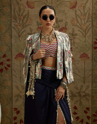 Sva By Sonam And Paras Modi Blue Abstract Embellished Cape And Skirt Set available on indiaspopup