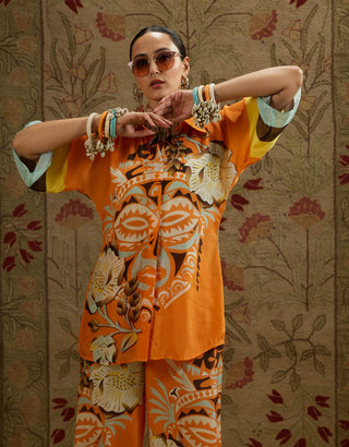 Yellow orange mask print tunic and pants