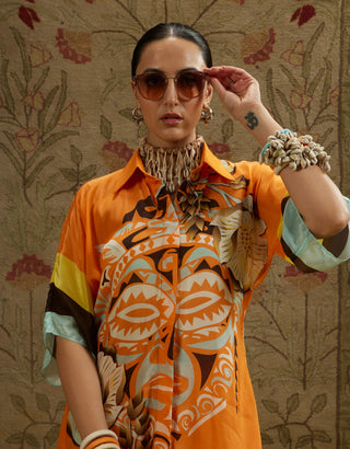 Yellow orange mask print tunic and pants