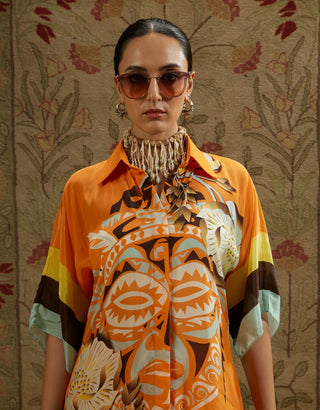 Yellow orange mask print tunic and pants