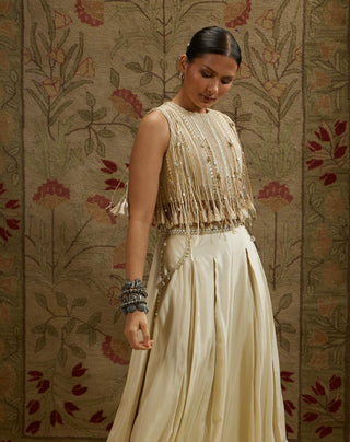 Sva By Sonam And Paras Modi Ivory Magnolia Cream Tassel Crop Top And Palazzo available on indiaspopup