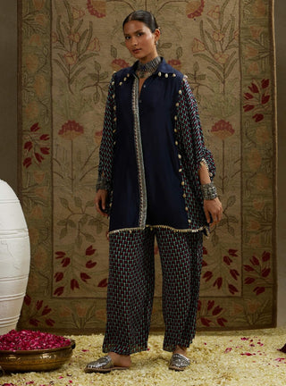 Sva By Sonam And Paras Modi Blue Geo Oversized Tunic And Flared Pants available on indiaspopup