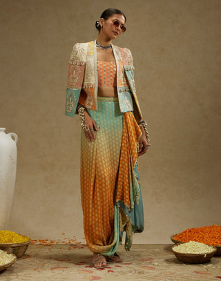 Orange patchwork cape jacket and skirt set