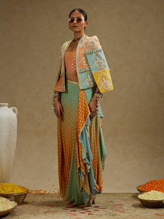 Sva By Sonam And Paras Modi Orange Patchwork Cape Jacket And Skirt Set available on indiaspopup