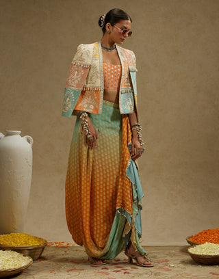 Sva By Sonam And Paras Modi Orange Patchwork Cape Jacket And Skirt Set available on indiaspopup