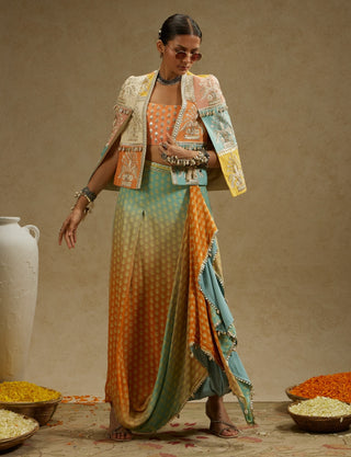 Sva By Sonam And Paras Modi Orange Patchwork Cape Jacket And Skirt Set available on indiaspopup