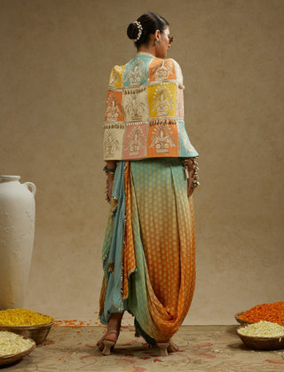 Sva By Sonam And Paras Modi Orange Patchwork Cape Jacket And Skirt Set available on indiaspopup