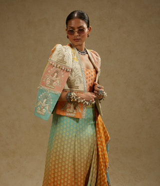 Sva By Sonam And Paras Modi Orange Patchwork Cape Jacket And Skirt Set available on indiaspopup