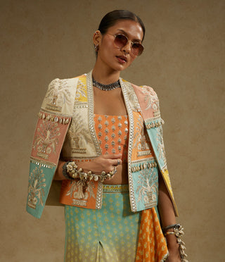 Sva By Sonam And Paras Modi Orange Patchwork Cape Jacket And Skirt Set available on indiaspopup