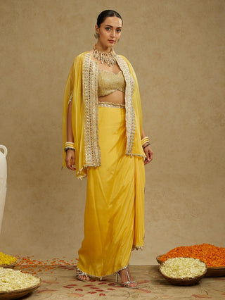 Sva By Sonam And Paras Modi Yellow Metal Embellished Bustier, Organza Cape And Skirt Set available on indiaspopup