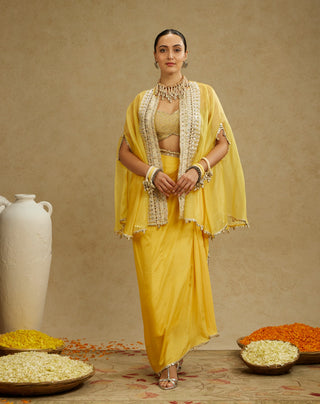 Sva By Sonam And Paras Modi Yellow Metal Embellished Bustier, Organza Cape And Skirt Set available on indiaspopup