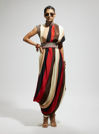 Sva By Sonam And Paras Modi Orange Samsara Stripe Print Cowl Dress And Belt available on indiaspopup