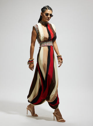 Orange samsara stripe print cowl dress and belt