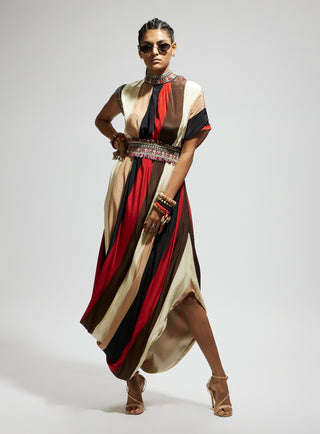 Orange samsara stripe print cowl dress and belt