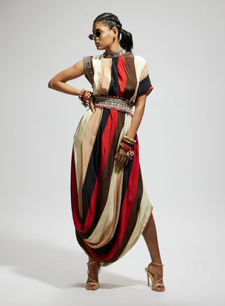 Orange samsara stripe print cowl dress and belt