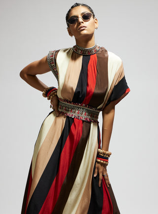 Orange samsara stripe print cowl dress and belt