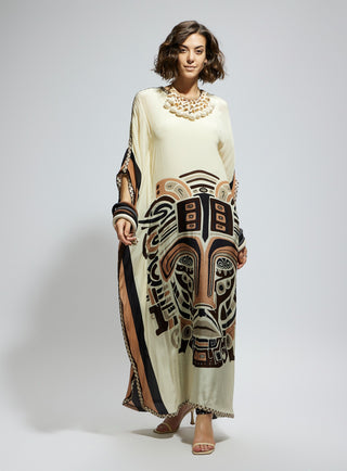 Ivory silk kaftan and brown printed pants