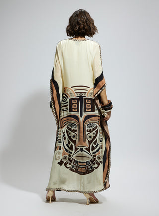 Ivory silk kaftan and brown printed pants