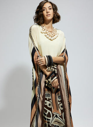 Ivory silk kaftan and brown printed pants