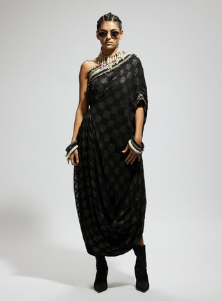 Black aztec one shoulder cowl dress