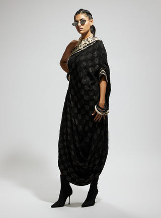 Black aztec one shoulder cowl dress