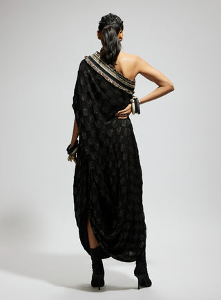 Black aztec one shoulder cowl dress